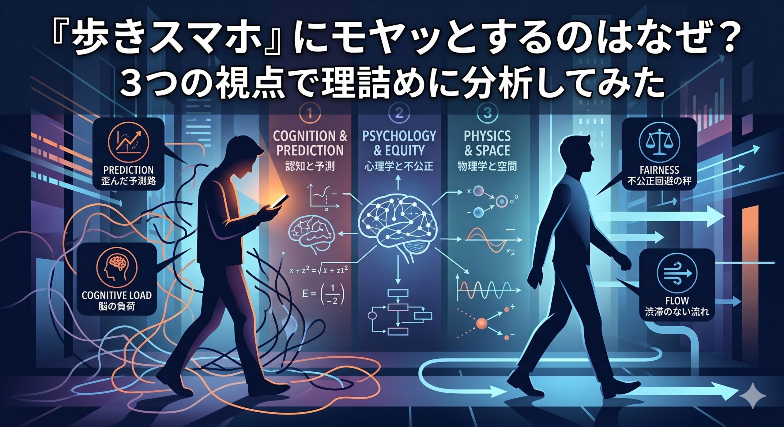 歩きスマホの心理的・物理的影響を分析した図解イラスト